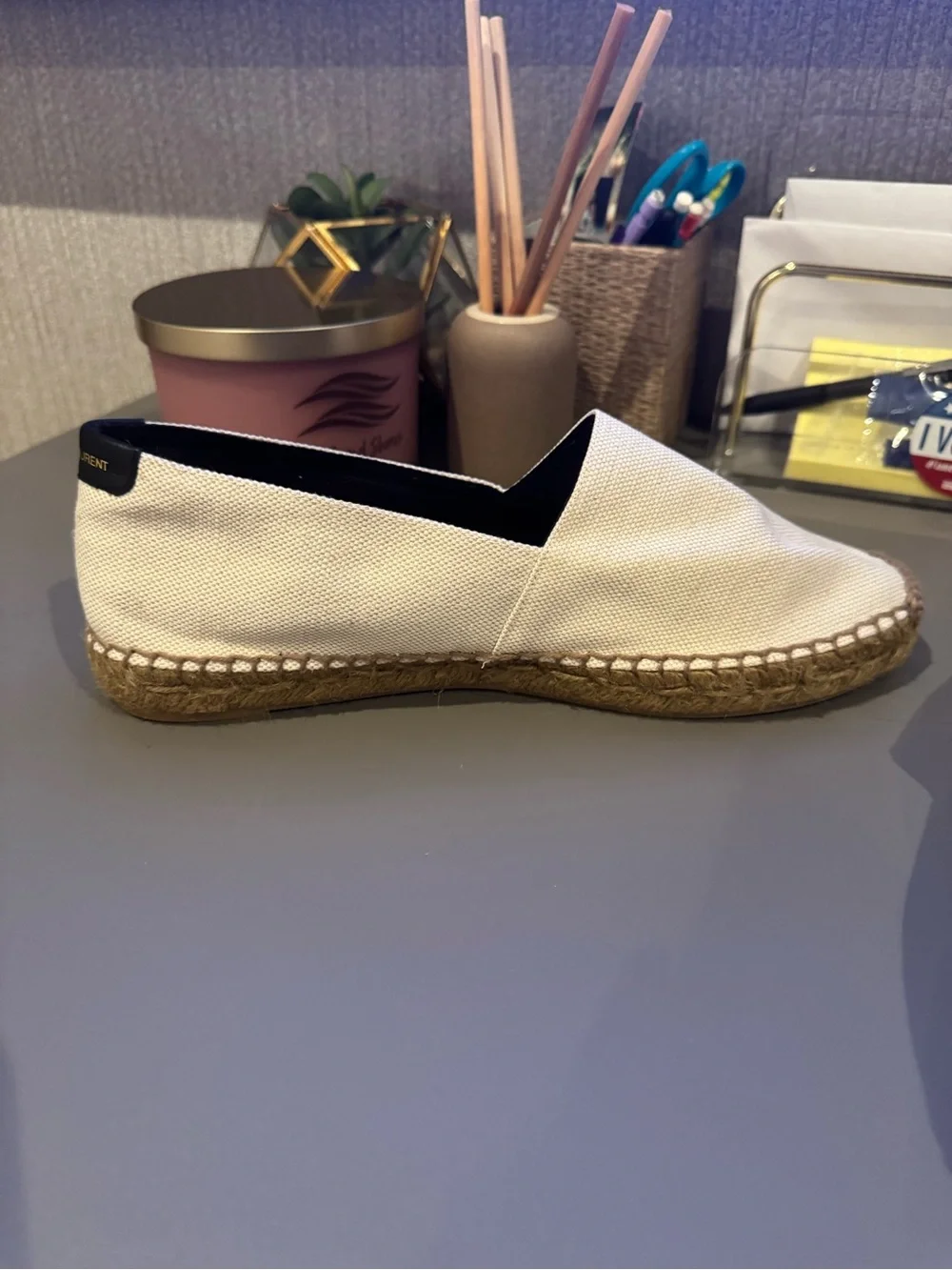 Saint Laurent Cream Canvas Espadrille Flats with Black Trim
